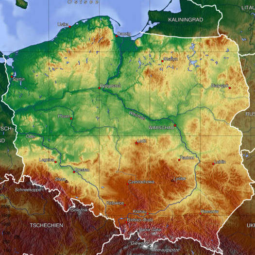 Mapa físico de Polonia